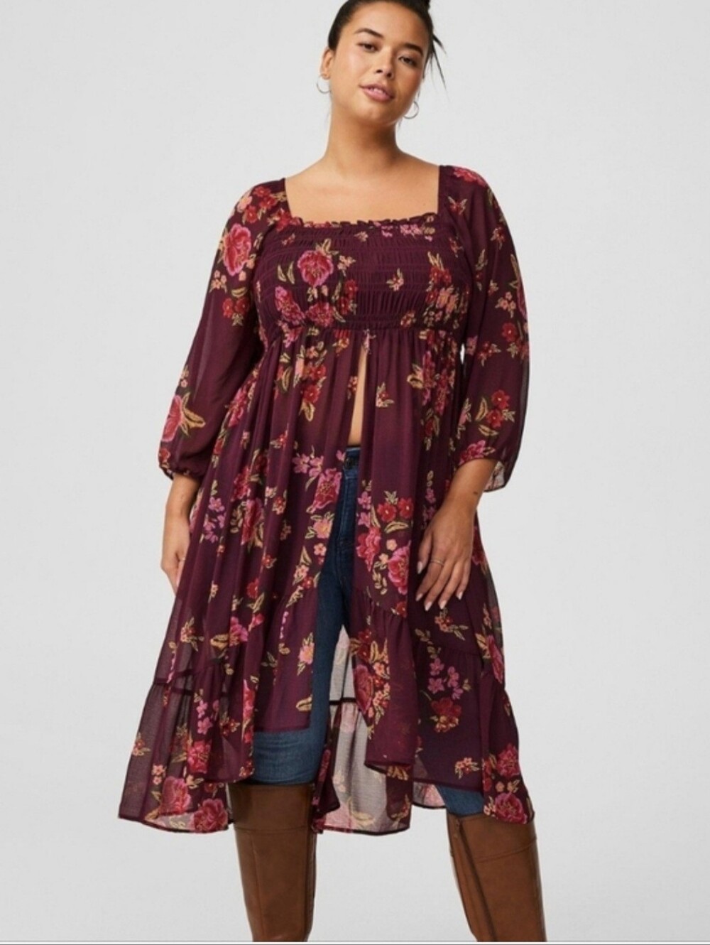 Torrid Plum Floral Smocked Square-Neck Tunic. Open Front. Ruffled. NWT. 00 (10)